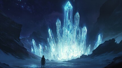 A lone figure stands before a towering crystalline structure under a star-filled sky
