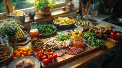 Obraz premium Fresh Salad Ingredients Arranged On A Dark Countertop