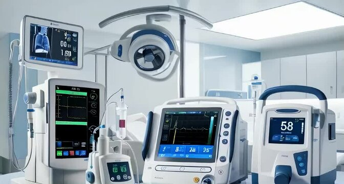 modern medical devices in a clinical setting a ventilator, patient monitor displaying vital signs, an ultrasound machine, and a digital infusion pump