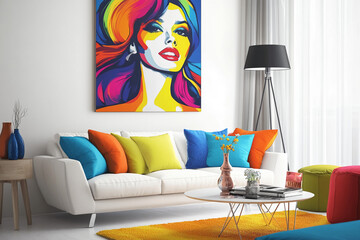 A modern living room with a white sofa and colorful throw pillows in front of a vibrant pop art painting

