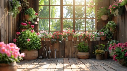 Fototapeta premium Wooden Table Covered With Abundant Flowers