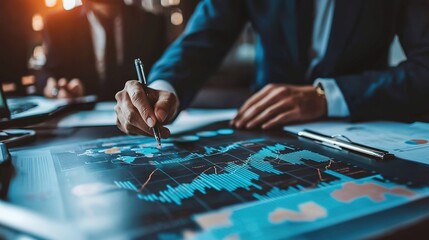 A business professional analyzes data and charts on a digital screen, highlighting insights with a pen in a modern office setting.