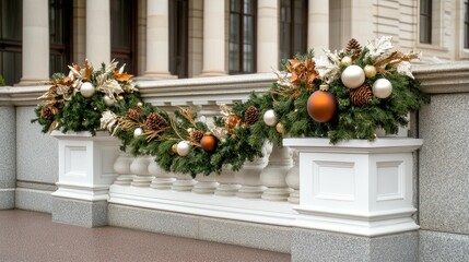 A stunning garland adorned with bronze and silver Christmas ornaments gracefully decorates a staircase, complemented by sleek white tiles in a cozy home setting