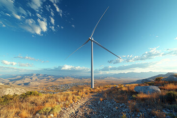 A wind farm in the distance providing power to a small town, symbolizing sustainable energy solutions. Concept of wind energy.