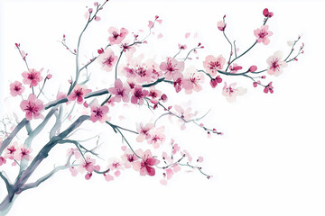 Aquarelle and line branches and blooming, isolated on white background