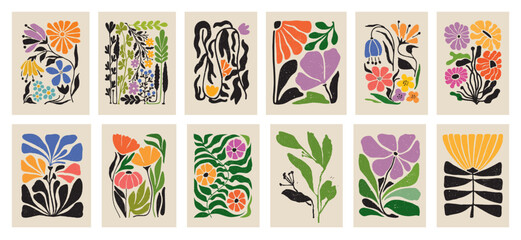 Botanical doodle background. Trendy abstract floral art vector set. Matisse style minimalist botanical shape. Modern boho flower, leaves doodle design for print, wallpaper, wall art, home decoration. 