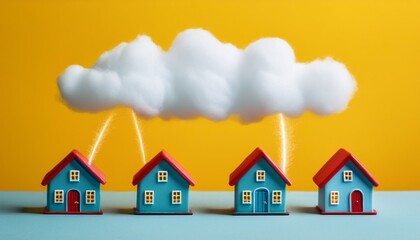 Illustration von türkisen Häusern vor gelbem Hintergrund in welche ein Blitz aus einer Watte Wolke einschlägt.