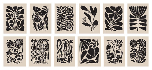 Botanical doodle background. Trendy abstract floral art vector set. Matisse style minimalist botanical shape. Modern boho flower, leaves doodle design for print, wallpaper, wall art, home decoration. 