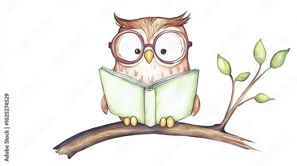 Canvas Prints   Watercolor painting of an owl perched on a branch, holding and reading a book