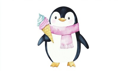 Obraz premium A penguin with a pink scarf and an ice cream cone is holding the ice cream cone in its paws