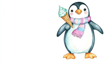 Naklejka premium A penguin holding an ice cream cone and wearing a scarf, standing on a white background
