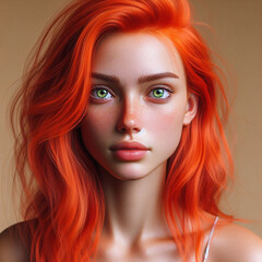 Fototapeta premium Retrato de mujer joven con cabello rojo y ojos verdes, Portrait of young woman with red hair and green eyes