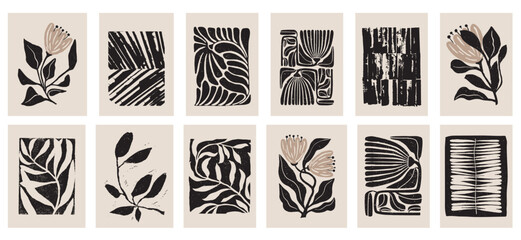 Botanical doodle background. Trendy abstract floral art vector set. Matisse style minimalist botanical shape. Modern boho flower, leaves doodle design for print, wallpaper, wall art, home decoration. 