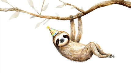 Fototapeta premium A sketch of a slotty wearing a birthday hat on a tree branch with a party hat on its head