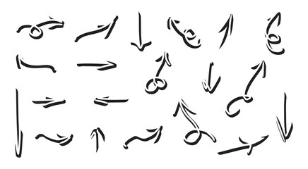 Set of hand-drawn curved volumetric black arrows isolated on a white background. Concept of direction, navigation, pointers, movement. Design elements and symbols. Collection in doodle style