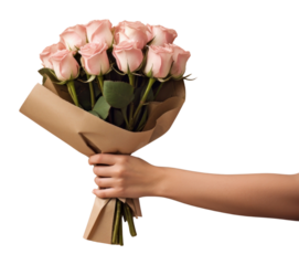 PNG Hands giving bouquet rose flower plant.