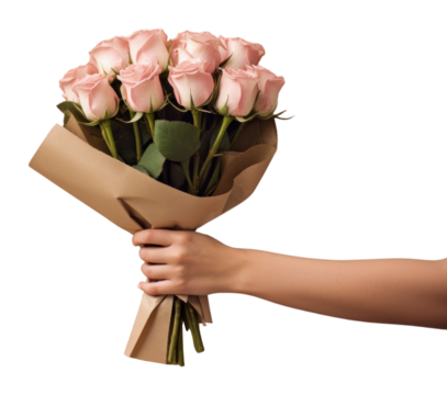 PNG Hands giving bouquet rose flower plant.