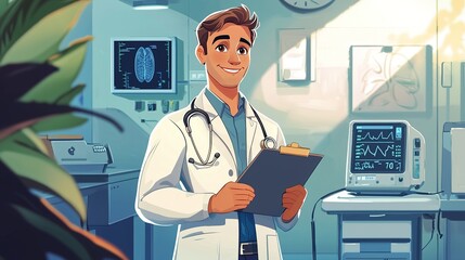 A cheerful doctor in a modern clinic holds a clipboard, surrounded by medical equipment and bright light streaming in from a window.