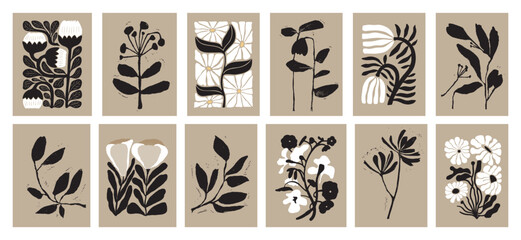 Botanical doodle background. Trendy abstract floral art vector set. Matisse style minimalist botanical shape. Modern boho flower, leaves doodle design for print, wallpaper, wall art, home decoration. 