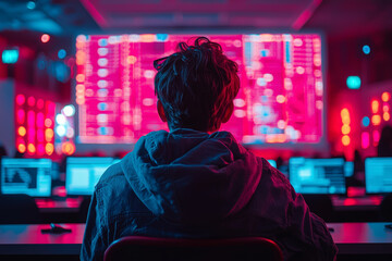 Fototapeta premium A student learning about cybersecurity in a classroom, symbolizing the growing importance of education in this field. Concept of cybersecurity education.