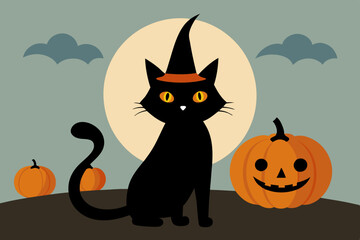 Black cat background with pumpkins and witch hat - Halloween Background illustration.white background
