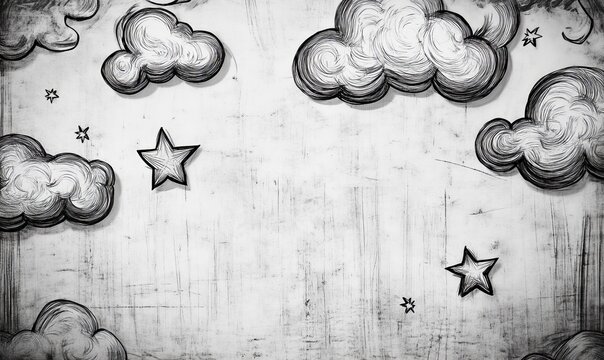 Doodles of clouds and stars in black ink against a textured background celebrating imagination and creativity during an artistic session
