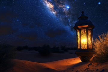 Fototapeta premium Lantern Under Starry Night Sky in Desert Landscape