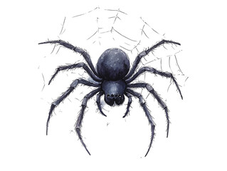 Black spider on a white isolate background with intricate web patterns. transparent background