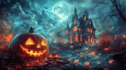 A glowing jack-o'-lantern sits in front of a haunted house on a moonlit Halloween night.
