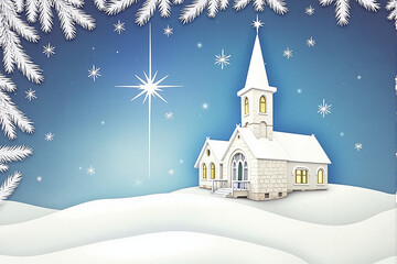 Fototapeta premium Serene white church in snowy landscape with starry night sky