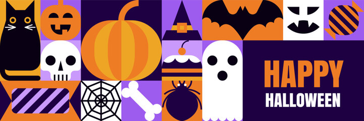 Happy Halloween poster, banner, greeting card, print design. Holiday symbols geometric background. Vector illustration