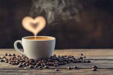 Warm Coffee with Heart-Shaped Steam on Wooden Table