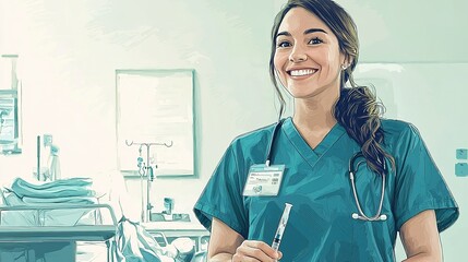 A smiling nurse in scrubs holds a pen in a healthcare setting, embodying professionalism and care in a hospital environment.