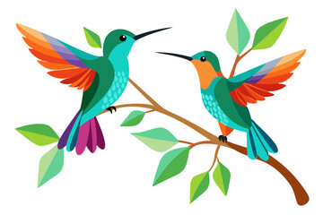 Hummingbirds with a tree branch silhouette realistic high-resolution smooth vector illustration design on a white background