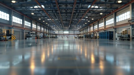 Obraz premium A spacious warehouse with a polished concrete floor. AI.