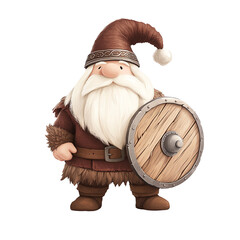 Cute cartoon Viking Santa holding a wooden shield, white isolated background. transparent background