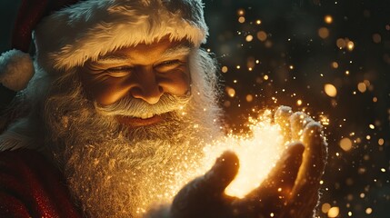 Smiling Santa holding magical glowing sparkles. AI generated image