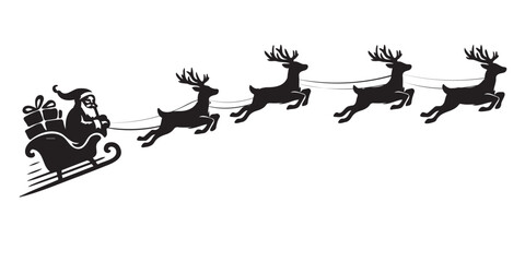 Santa Klaus in a sleigh with deer is lucky Christmas gifts, a black silhouette on a transparent background, a vector pattern for the holiday, stencil for printing