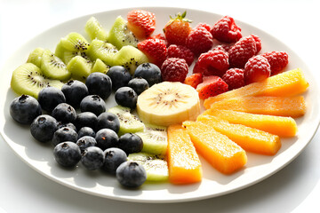 plate full of fruits: raspberries, blueberries, strawberries, banana, kiwi, mango cutted into slices  isolated on white background