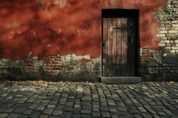 Rustic Wooden Door Against Weathered Red Wall