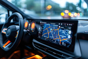 Futuristic Car Touch Screen Interface with Navigation and Climate Control Features