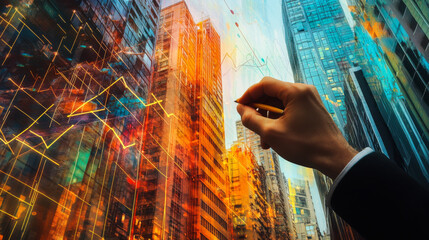 A person interacts with digital financial graphs projected on city buildings during sunset in an urban landscape