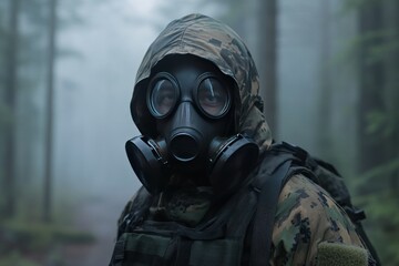 Mysterious Figure in Gas Mask in Foggy Forest