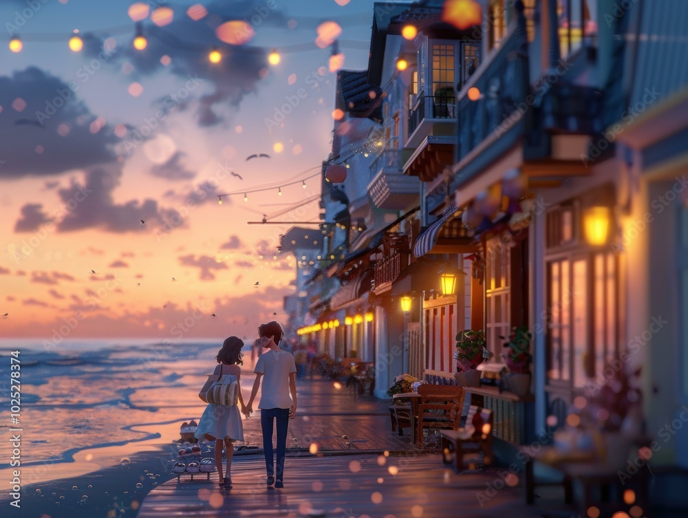 Wall mural A couple walks hand-in-hand along a seaside promenade at dusk. AI.