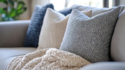 fabric sofa with cushions and a quilt generative ai