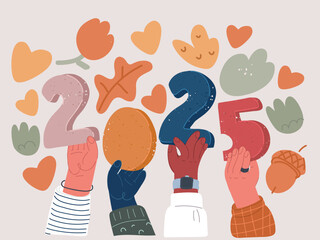 Cartoon vector illustration of hands holding the year 2025