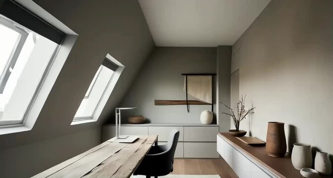 In a small, slanted ceiling room, a modern office designed in the wabi sabi style emerges