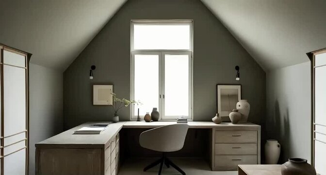 In a small, slanted ceiling room, a modern office designed in the wabi sabi style emerges