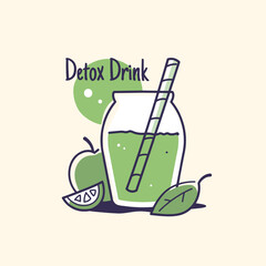 Freehand illustration of a detox drink, green juice with lime and apple