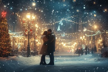 Obraz premium Romantic Winter Night with Lights and Snowfall